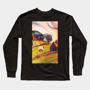 colourful oil painting of a farm with sheep Long Sleeve T-Shirt